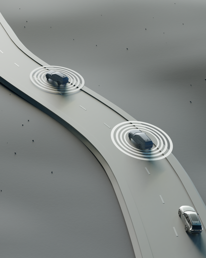 3D rendered cars driving along a road with a signal coming from them